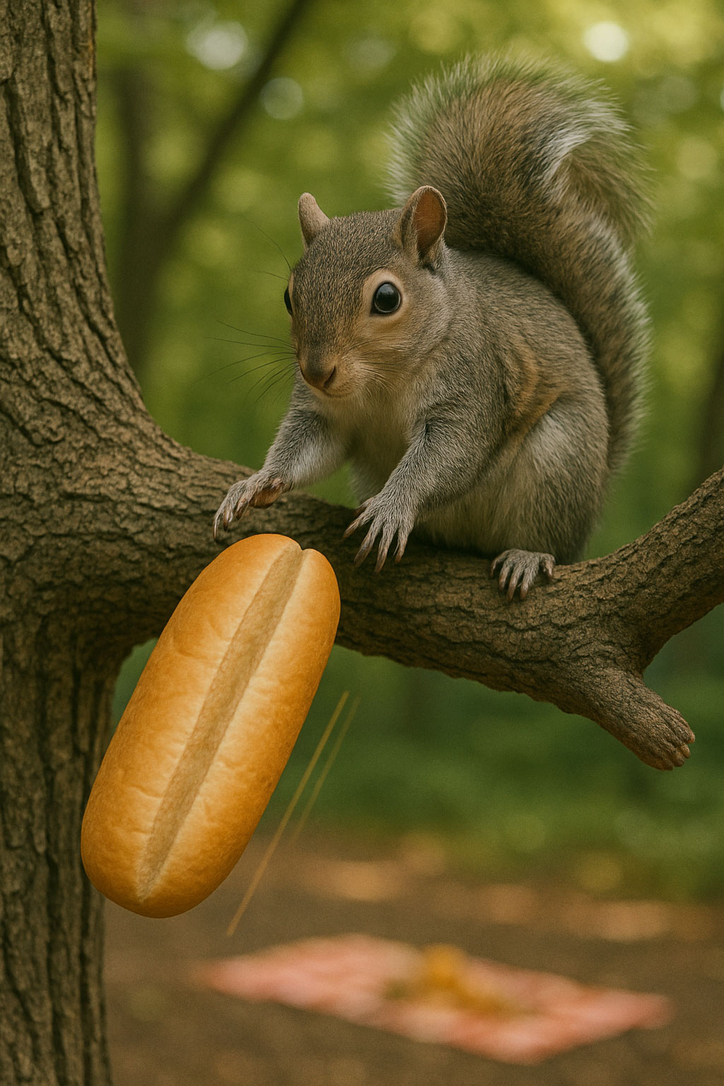 squirrel dropping hot dog bun from tree branch