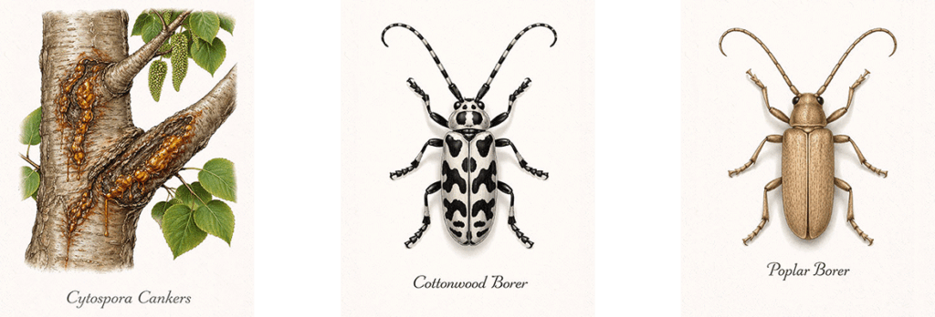 Cottonwood tree cankers and 2 borers